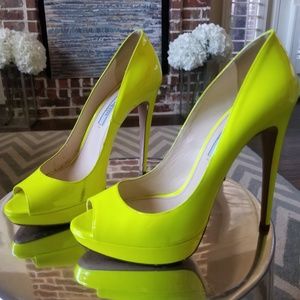 Prada Neon Yellow Platform Peep Toe Pumps 38 -8